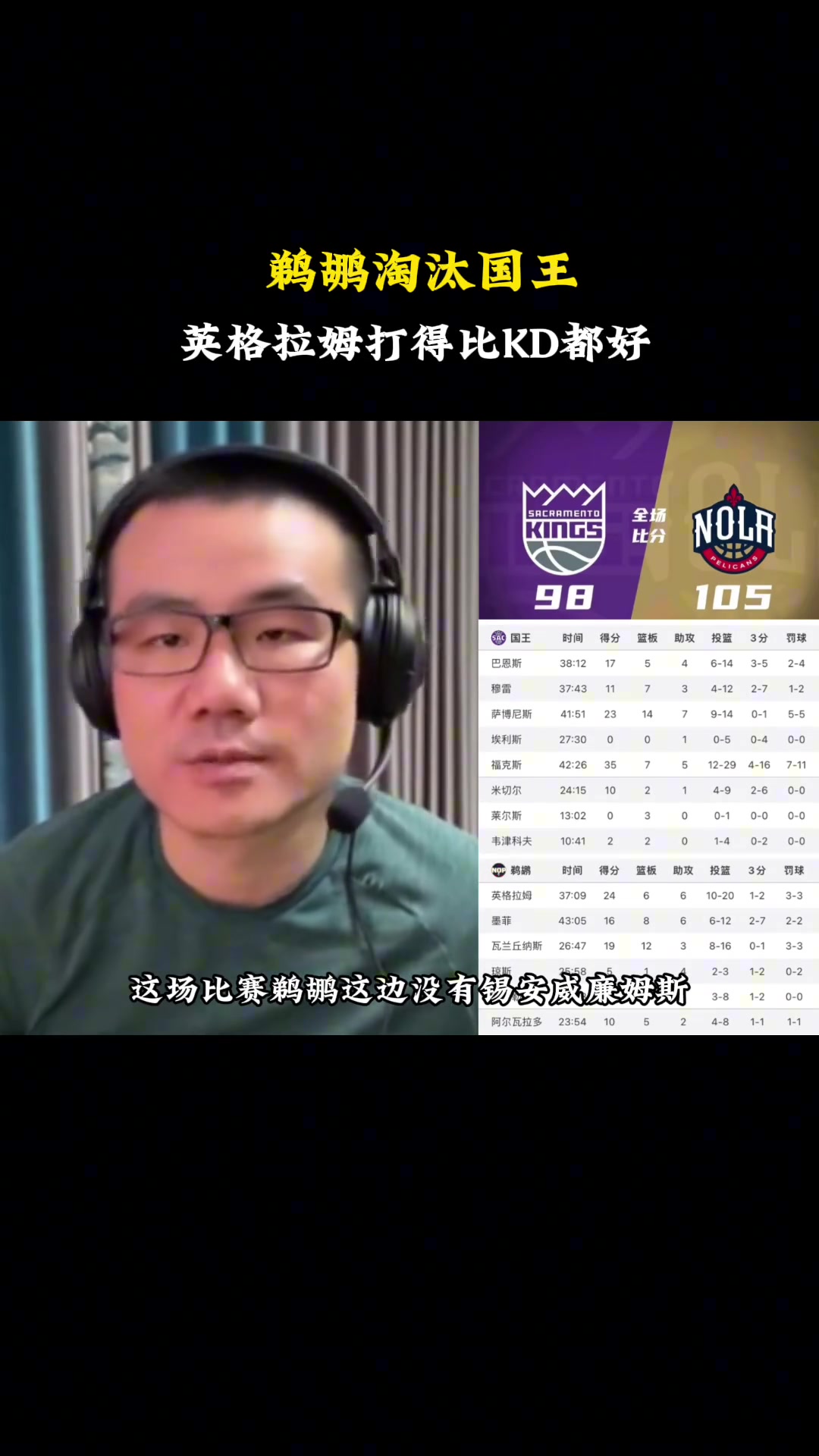 徐靜雨：殘陣鵜鶘擊潰國(guó)王，英格拉姆打得比杜蘭特都好！